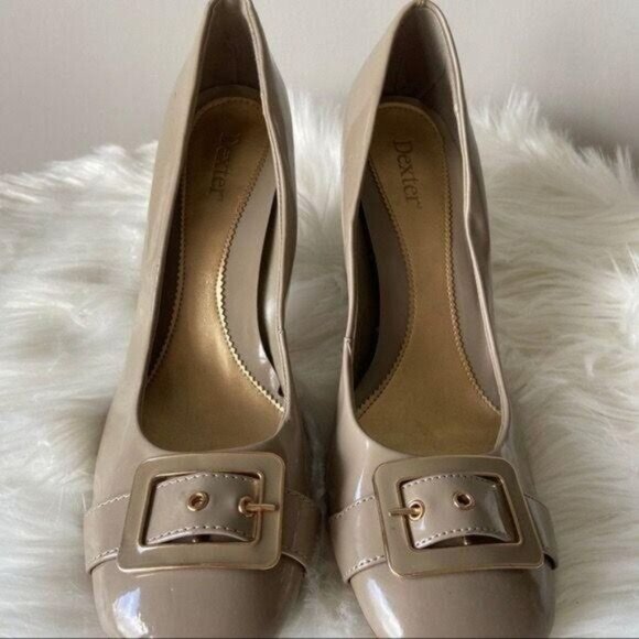 Dexter Classic Patent Taupe Pumps Chunky Block‎ Heels Accent Buckle Dress shoes - Picture 5 of 11